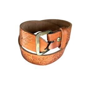 Womens Floral Tooled Brown Leather Belt